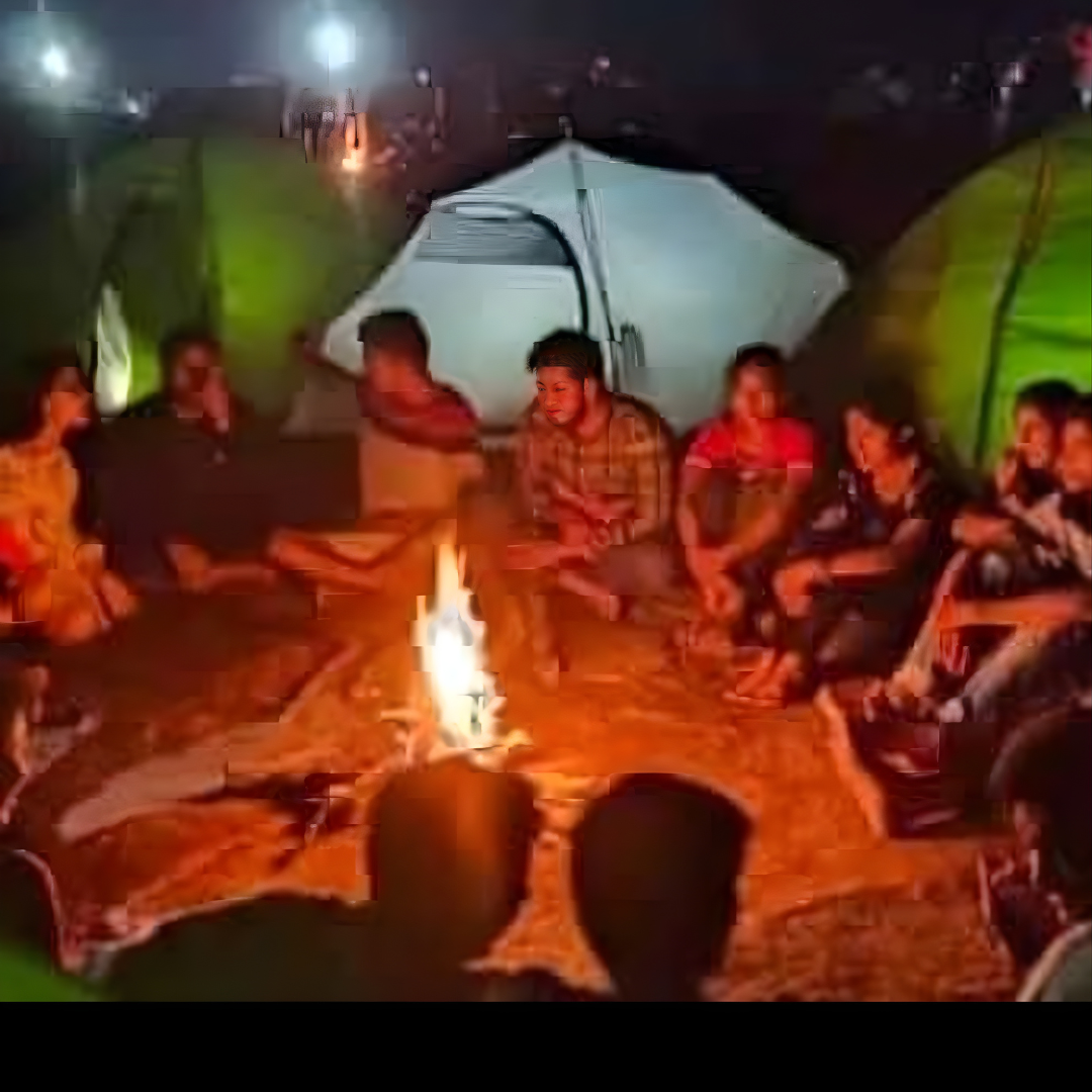 friends and family at campfire